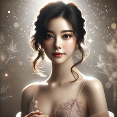 Fototapeta premium Asian young woman with a magical feelings. The woman has dark hair styled elegantly and wears a delicate outfit that enhances her beauty.