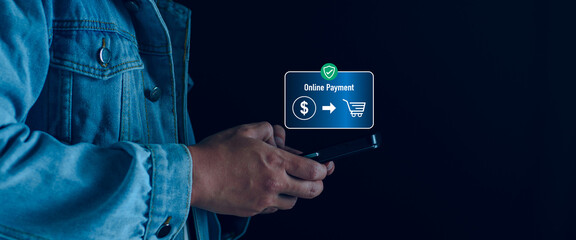 Online payment and digital financial technology or fintech concept, business man using smartphone transfer money, online shopping,  internet banking, bill payment, digital wallet, internet banking app