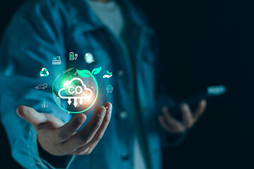 Reduce greenhouse gas emission concept. Carbon footprint climate change and sustainable. CO2 reduction, save energy, Reduce CO2 gas emission, low greenhouse gas emission, protect environment