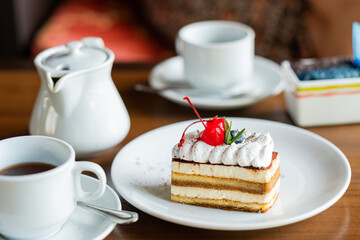  cake on table with tea, dessert, relax time