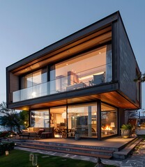 Fototapeta premium Modern Home With Large Windows and a Terrace