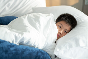 asian boy sleep on bed, child sick, kid sleep