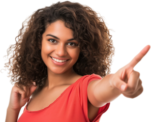Woman smiling and pointing at copy space on side,PNG,transparent background,clipart.