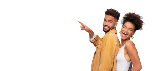 Woman and man smiling and pointing at copy space on side,PNG,transparent background,clipart.