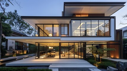 Fototapeta premium Modern Home Exterior With Large Windows