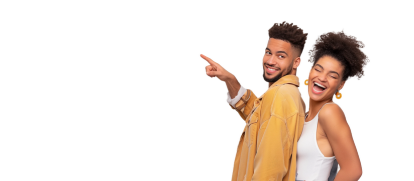 Woman and man smiling and pointing at copy space on side,PNG,transparent background,clipart.