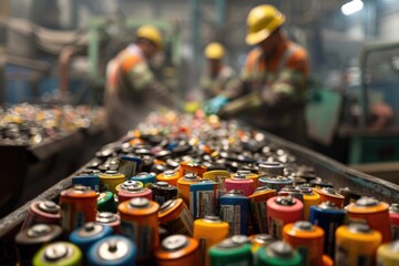 Fototapeta premium Workers sorting and processing used batteries in a recycling plant, highlighting the importance of sustainability