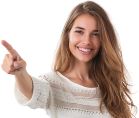 Woman smiling and pointing at copy space on side,PNG,transparent background,clipart.