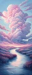 Fototapeta premium A painting of a river with pink clouds in the sky