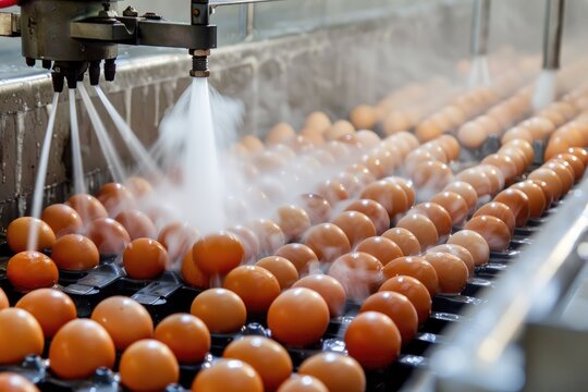 Automated egg washing machines cleaning eggs to remove dirt and contaminants before packaging