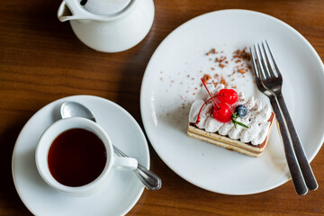  cake on table with tea, dessert, relax time