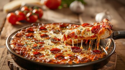 Deep-dish pepperoni pizza with gooey cheese, Chicago-style pizzeria, warm and inviting tones, photo realistic