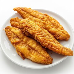 three pieces of fish on a plate on a white table
