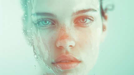 A woman's face is partially obscured by water droplets