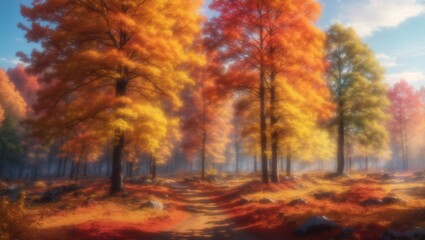 Autumn nature landscape of colorful forest in morning sunlight