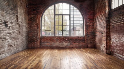 Fototapeta premium Vacant space with arched window and wood flooring. Brick wall in loft setting. Empty studio or office.