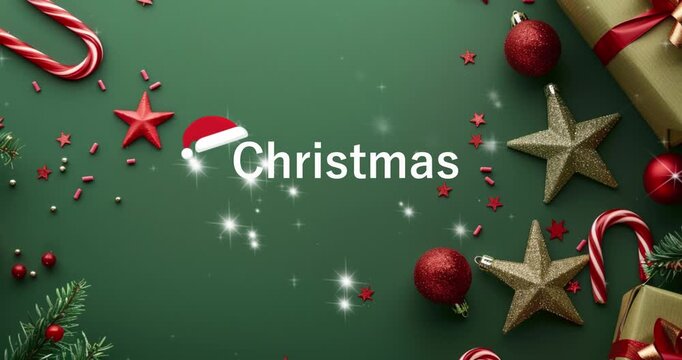 
Christmas themed background with red, gold and green color scheme. Christmas decorations such as candy canes, holly leaves and mistletoe on the left side of frame with large ornaments at the bottom 