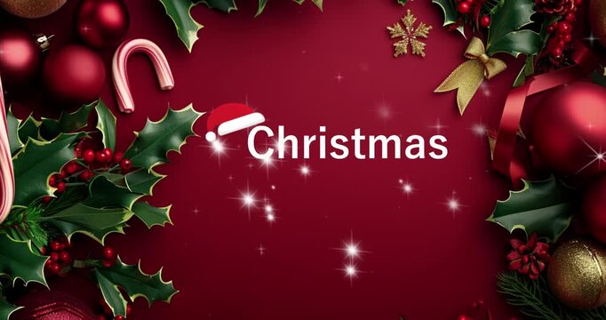 
Christmas themed background with red, gold and green color scheme. Christmas decorations such as candy canes, holly leaves and mistletoe on the left side of frame with large ornaments at the bottom 