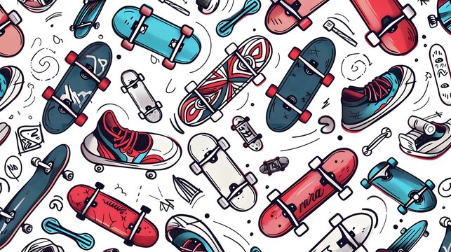 Hand drawn skateboarding seamless pattern. skateboard background. Skateboarding doodle illustration. Vector illustration. 