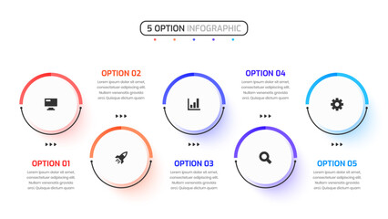 Business Infographic Design with Circle Label, Icon and 5 Option. Suitable for Workflow, Diagram, Chart, Presentation