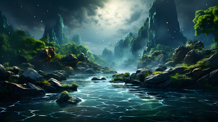 Obraz premium A mystical, dreamlike landscape of towering cliffs, lush greenery, and a tranquil river. The light filtering through the clouds casts an ethereal glow upon the scene, suggesting magic and wonder.