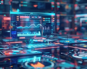 3D visualization of data analysis tools processing complex datasets, focus on, business intelligence, dynamic, Multilayer, modern office backdrop