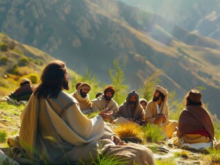 Jesus teaching disciples on a mountainside, close up, focus on spiritual guidance realistic Composite backdrop of serene landscape