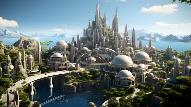 A futuristic city built on a series of islands and connected by bridges. The buildings are tall and slender, with many domes and spires. The city is surrounded by lush greenery and sparkling water.
