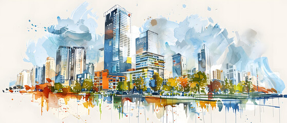 Vibrant Watercolor Cityscape with Modern Skyscrapers and Urban Park in Abstract Style