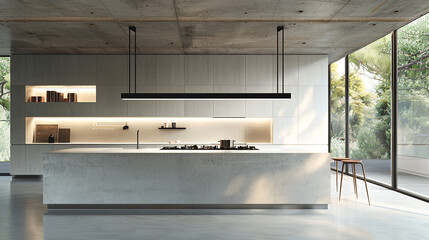 modern kitchen in a residential house, polished concrete floors, raw concrete walls and ceiling