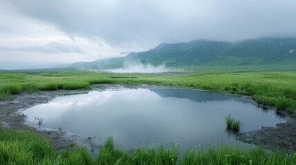 Fototapeta premium A large body of water surrounded by grass and mountains