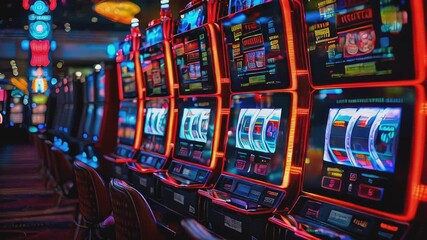 A row of brightly lit slot machines in a casino, with their screens displaying various symbols and numbers. Betting and gambling concept