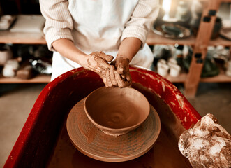 Hands, production and bowl in workshop for creativity, art deco and development for startup. Clay, artistic person and job or talent in small business for project or sculpture for retail in gallery