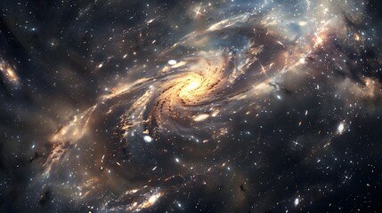 Abstract Galaxy: A cosmic abstract background with swirling galaxies and stars in deep space.
