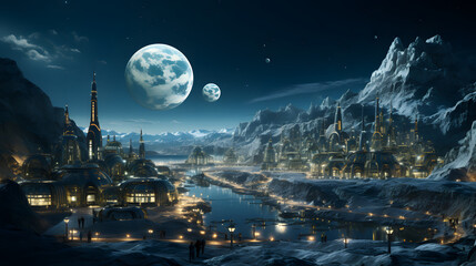 A futuristic city built into a snowy mountain range.