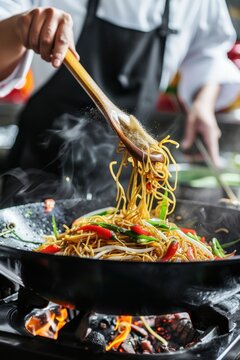 Asian chef seasoning a sizzling wok full of noodles and vegetables, Generative AI