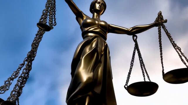Justice Statue Under Blue Sky with Balanced Scales in Bright Daytime Light
