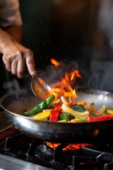 Asian chef stir-frying a medley of vegetables in a hot pan, Generative AI