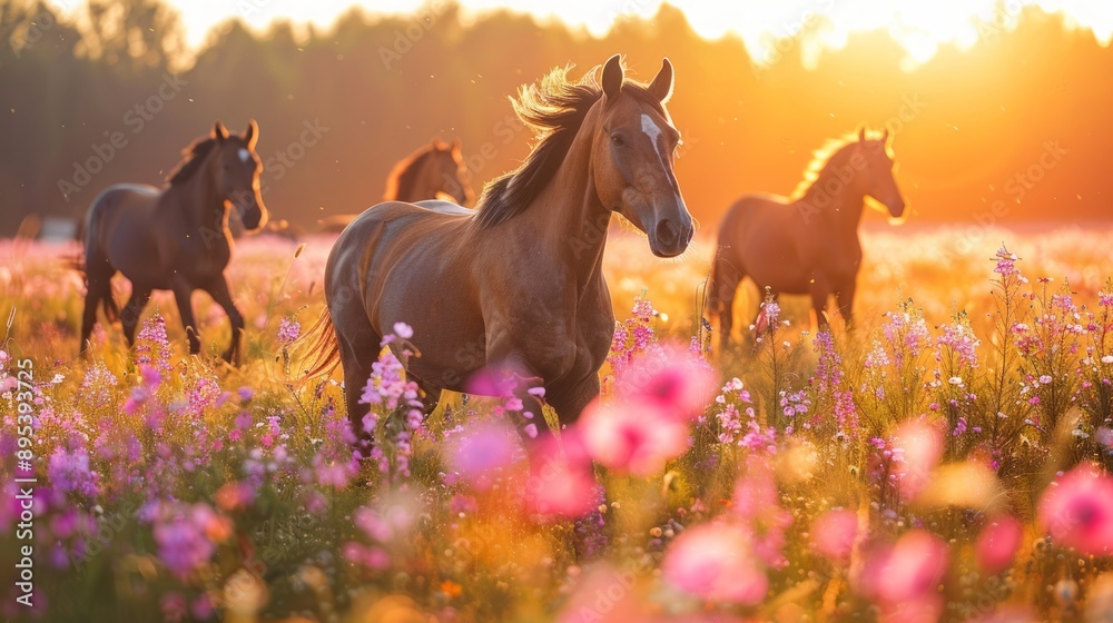 Wall mural horses grazing in flower field at sunrise