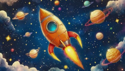 cute rocket ship doodle in a glittery galaxy, surrounded by vibrant stars and planets, seamless pattern, light tones create a whimsical space scene.