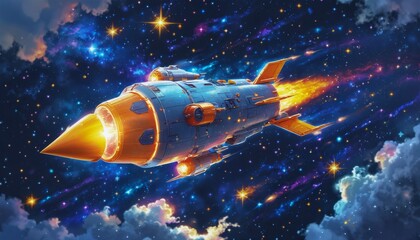Obraz premium vibrant rocket ship doodle in a glittery galaxy, surrounded by sparkling stars and planets, seamless pattern, light hues creating a fun effect.