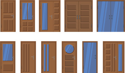 front house wooden doors collection with glass flat vector