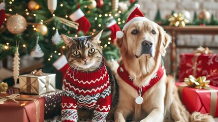 A joyful cat and dog wearing holiday sweaters sitting by a Christmas tree full of presents and festive decorations capturing the essence of the holiday season