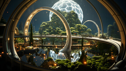 A futuristic cityscape with a dome-shaped building and a reflective pool of water at the center, seen through the circular windows of a structure.