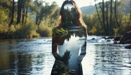 a person s figure is overlaid with a serene riverscape, flowing water blends within the silhouette, creating a double exposure that captures nature s peaceful essence and human