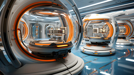A futuristic white and orange pod or transportation device with a large window in a sci-fi environment.  It is possibly in a space station or laboratory.  