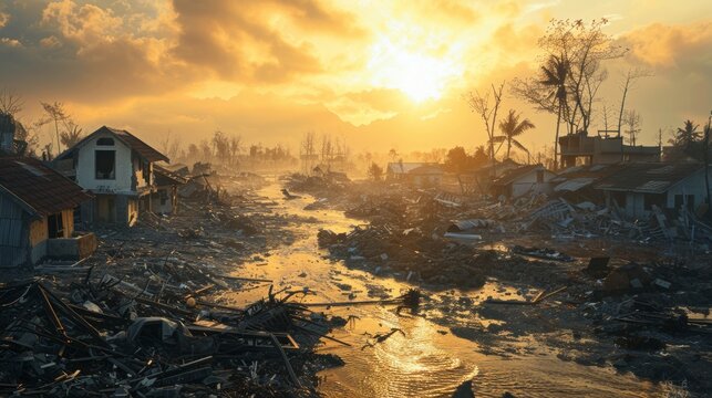 Aftermath of a natural disaster scene with debris and ruined houses