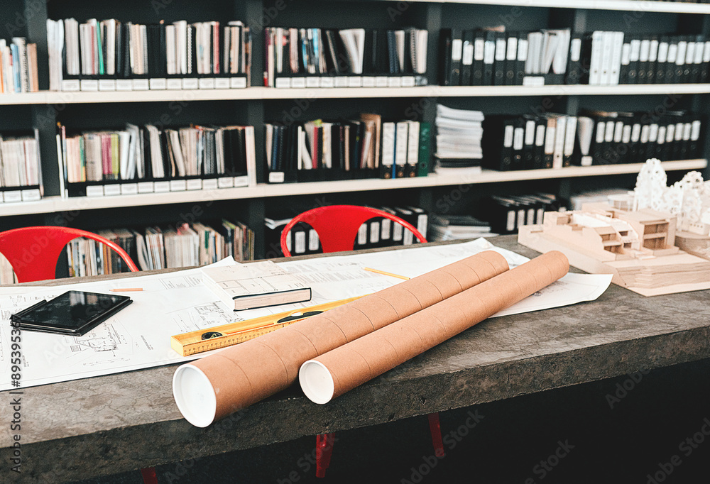 Aufkleber Documents, blueprint and equipment for architecture in office with model, design or property expansion. Paperwork, tech and workspace for floor plan, draft or rolls in interior at construction agency