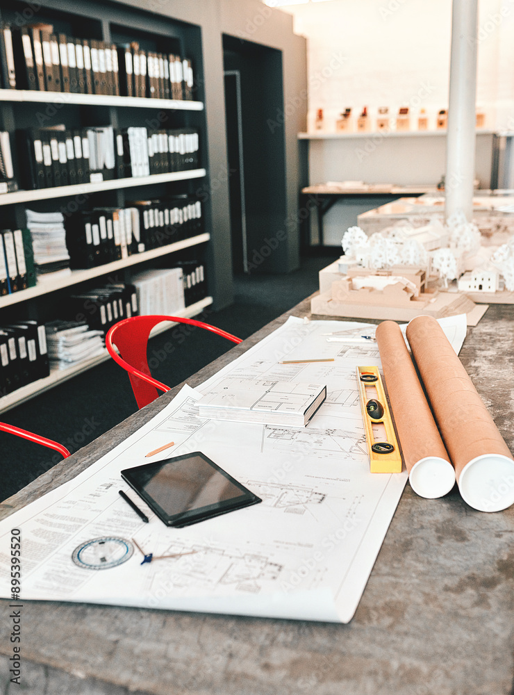 Poster paperwork, blueprint and equipment for architecture in office with model, design or property expansi