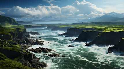 A breathtaking vista of a rugged coastline, with crashing waves and towering cliffs, under a sky filled with fluffy clouds. A sense of wild beauty and untamed nature is evoked in this scene.